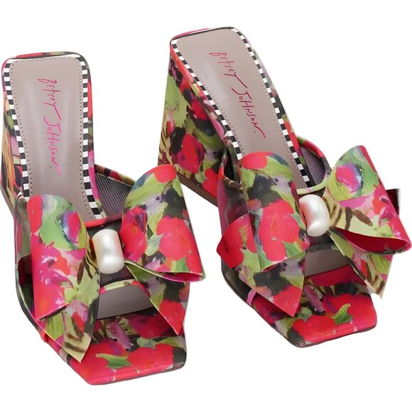 Betsey Johnson Jordn Pearl Bow Block Heel Slide Sandals Floral Women US 8.5M - Picture 1 of 6